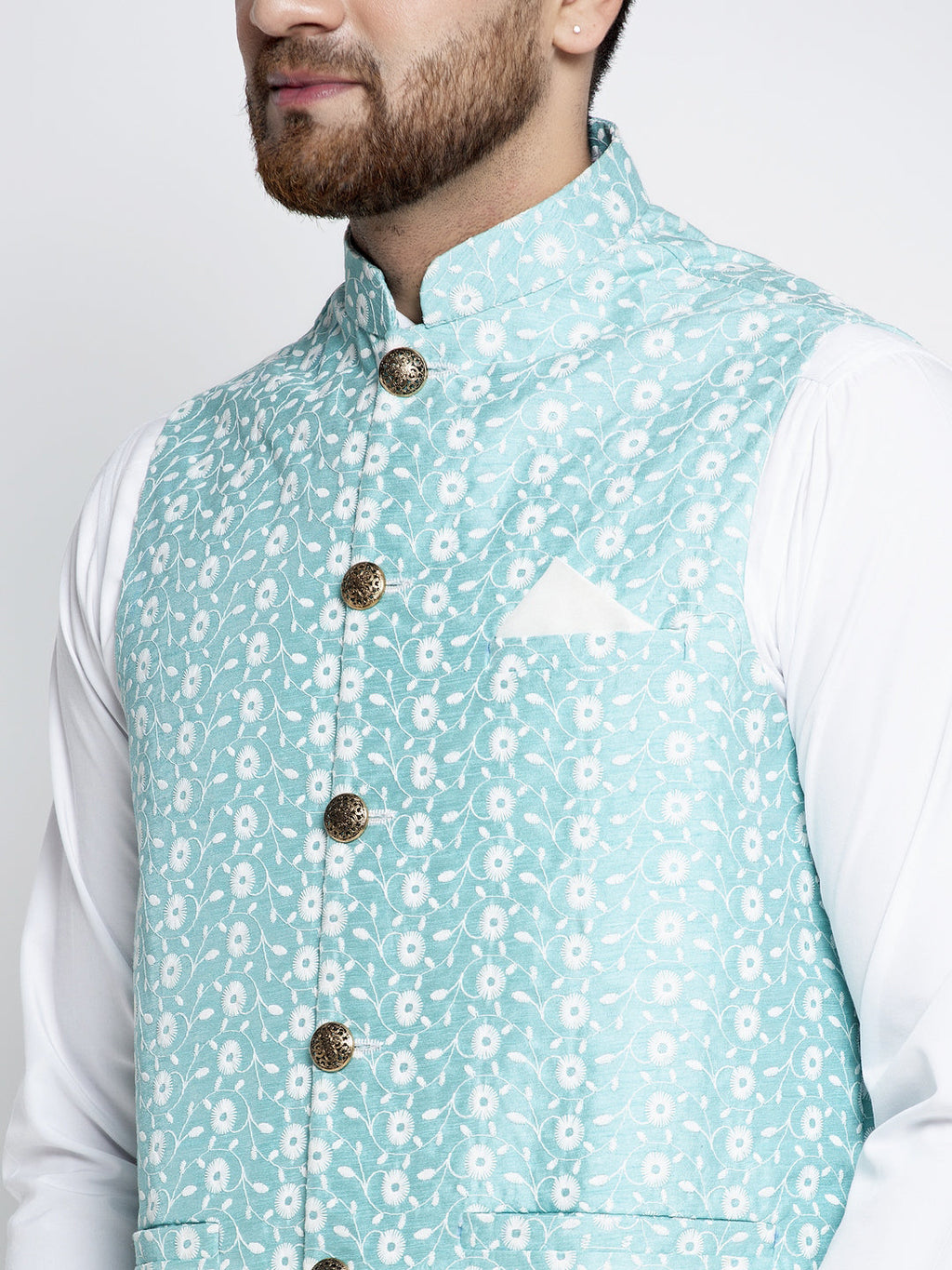 Jompers Beautiful Blue Embroidered Nehru Jacket For Men