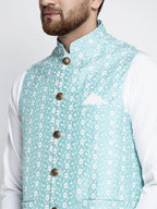 Jompers Beautiful Blue Embroidered Nehru Jacket For Men