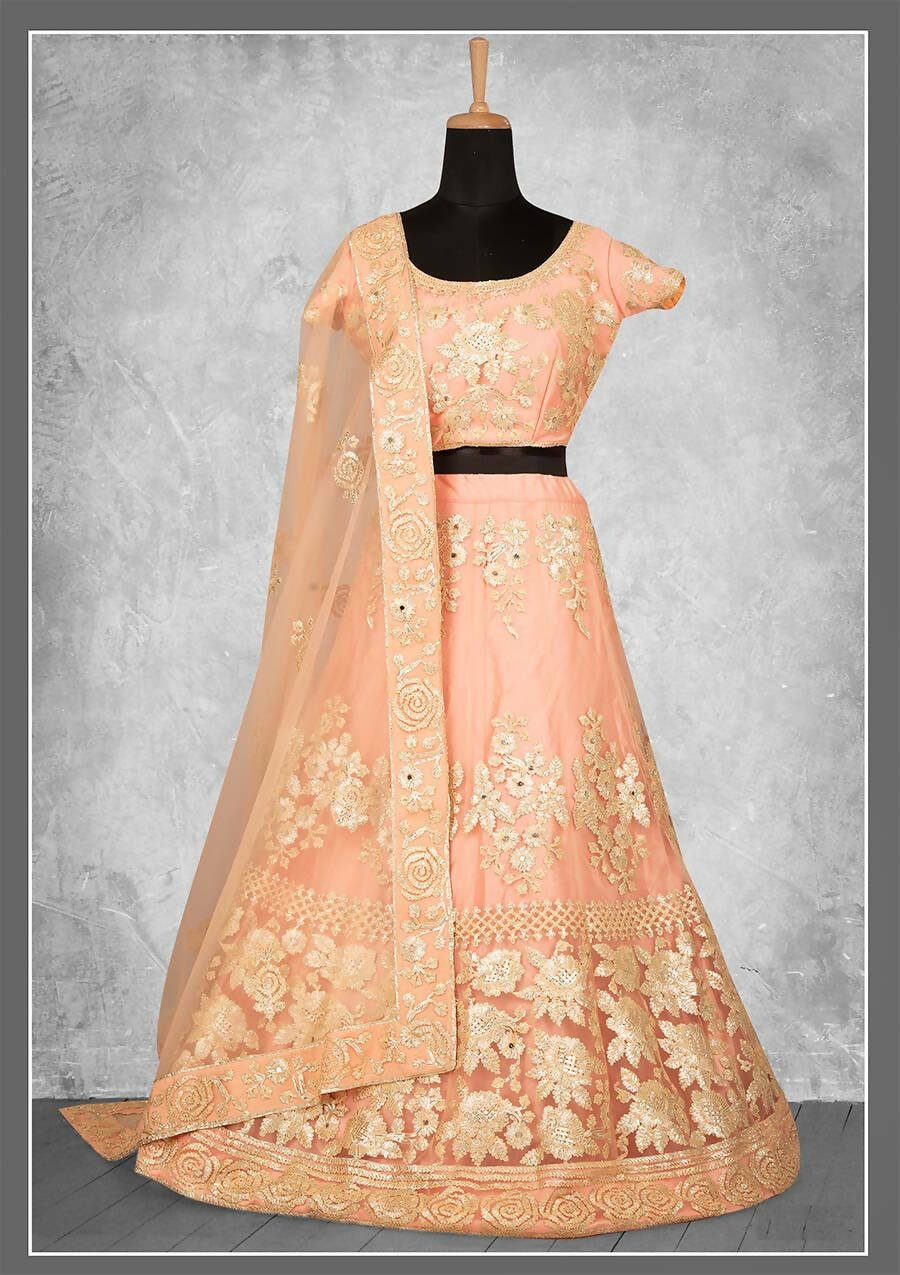 Light Orange Net, Satin Silk Cord And Floral Embroidery Semi-Stitched Lehenga Choli - Nimaya Kangan