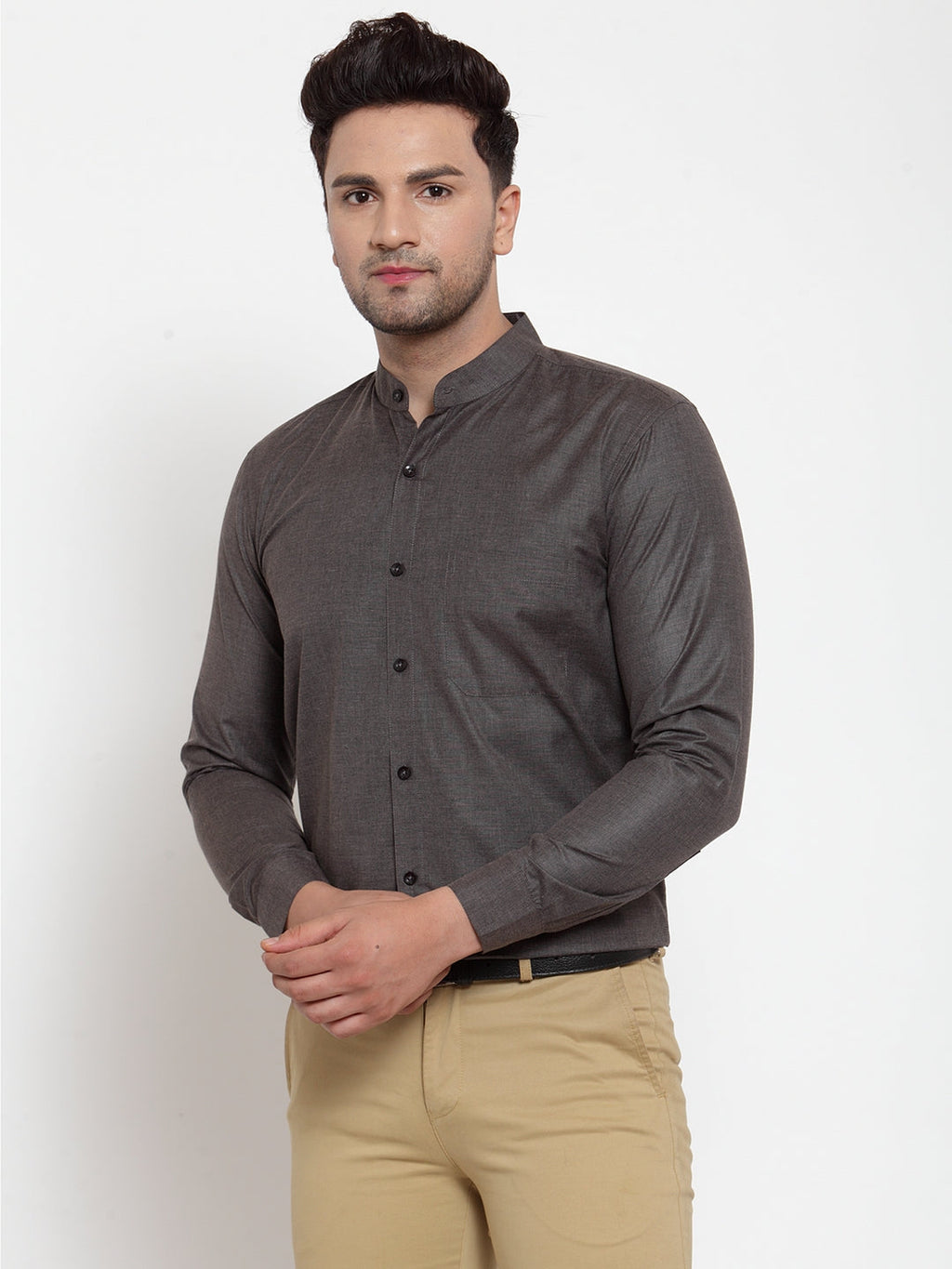 Jainish Grey Melange Men's Cotton Solid Mandarin Collar Formal Shirts ( SF 726Charcoal ) - Distacart