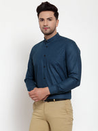 Jainish Navy Men's Cotton Solid Mandarin Collar Formal Shirts ( SF 726Teal ) - Distacart