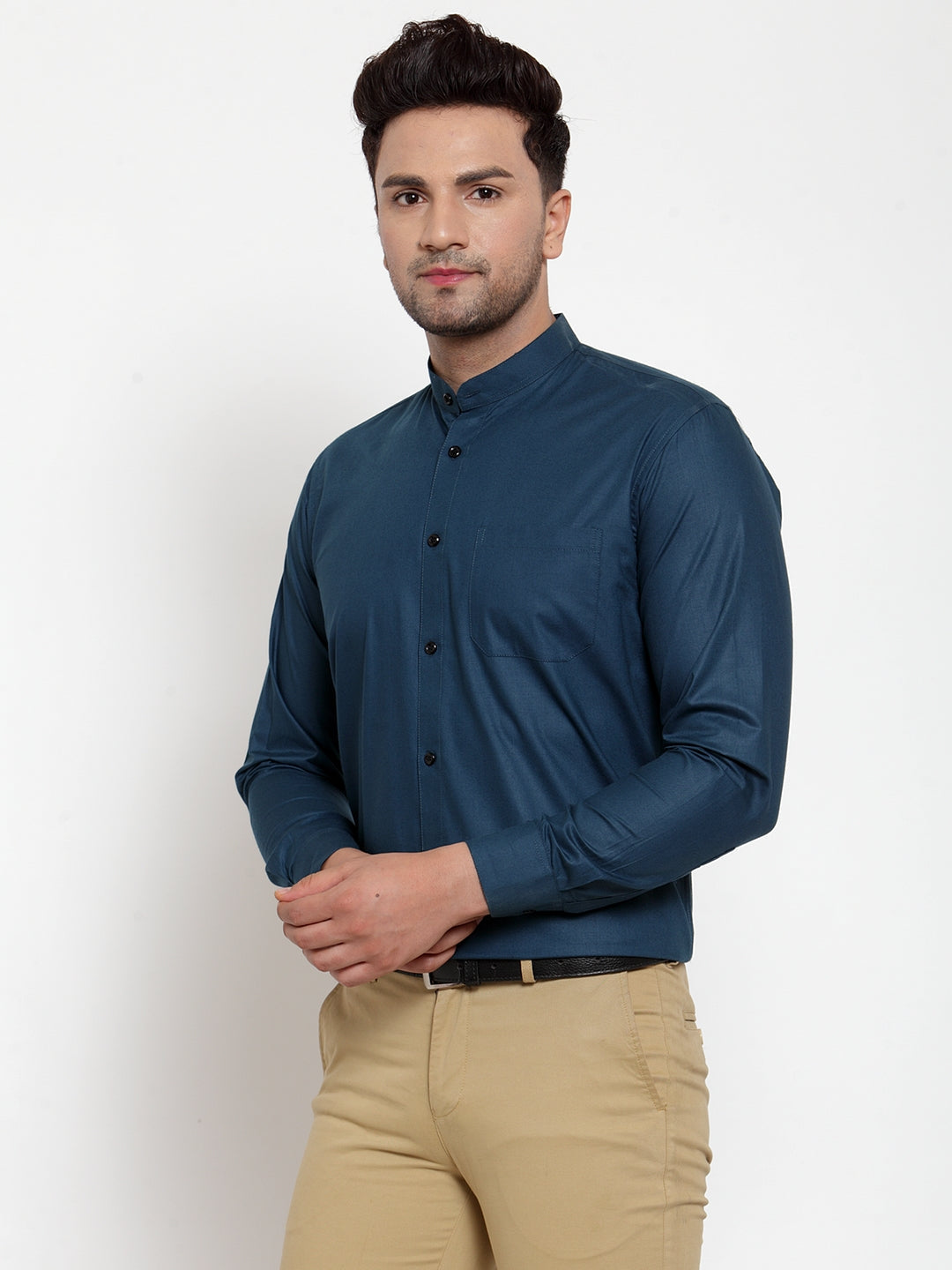 Jainish Navy Men's Cotton Solid Mandarin Collar Formal Shirts ( SF 726Teal ) - Distacart