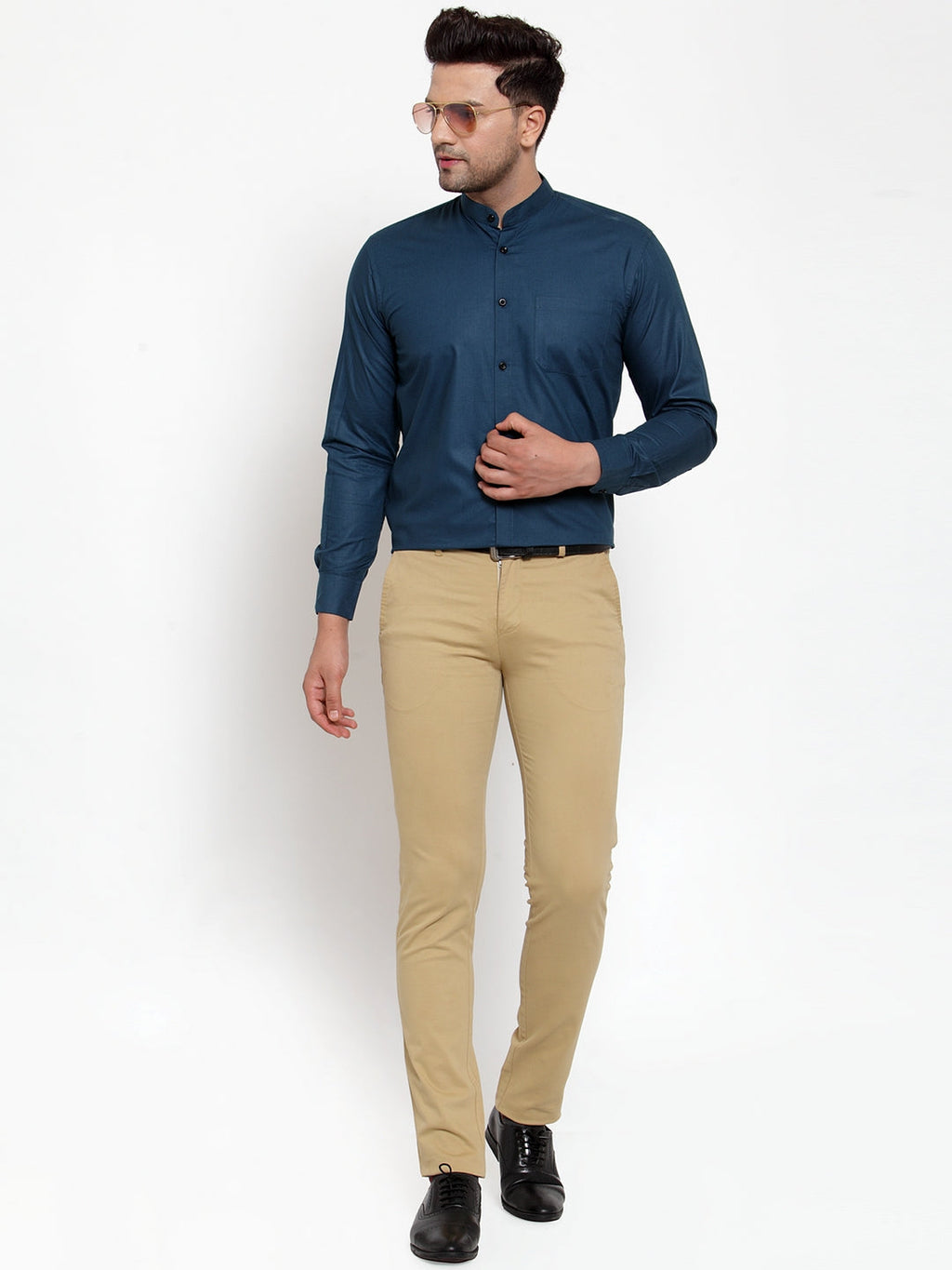 Jainish Navy Men's Cotton Solid Mandarin Collar Formal Shirts ( SF 726Teal ) - Distacart