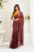 Vastranavya Dark Brown Digital Printed Linen Ready To Wear Designer Saree with Unstitched Blouse - Distacart