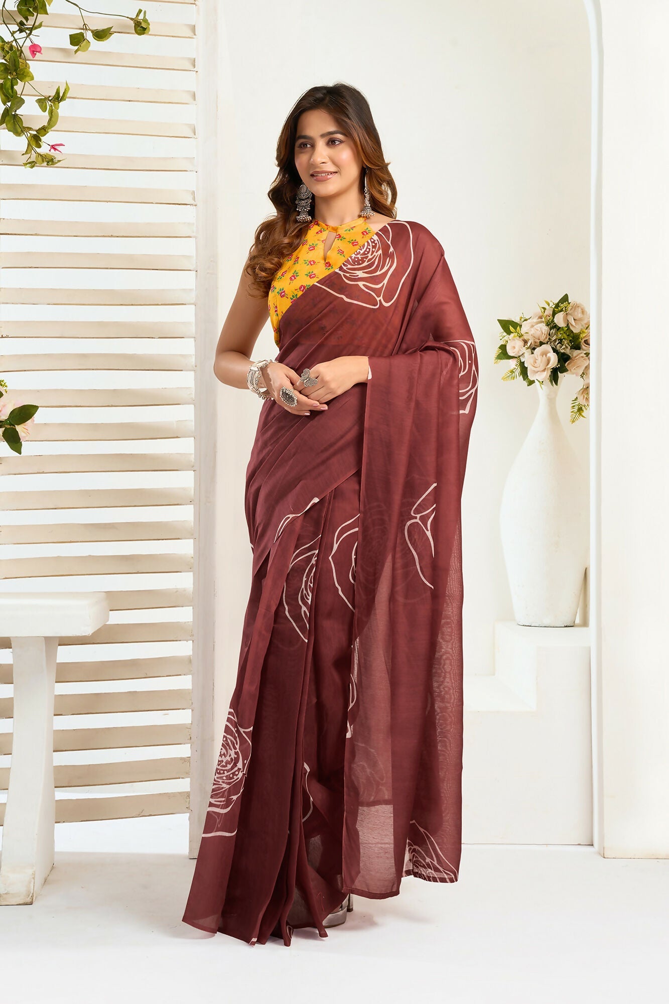 Vastranavya Dark Brown Digital Printed Linen Ready To Wear Designer Saree with Unstitched Blouse - Distacart