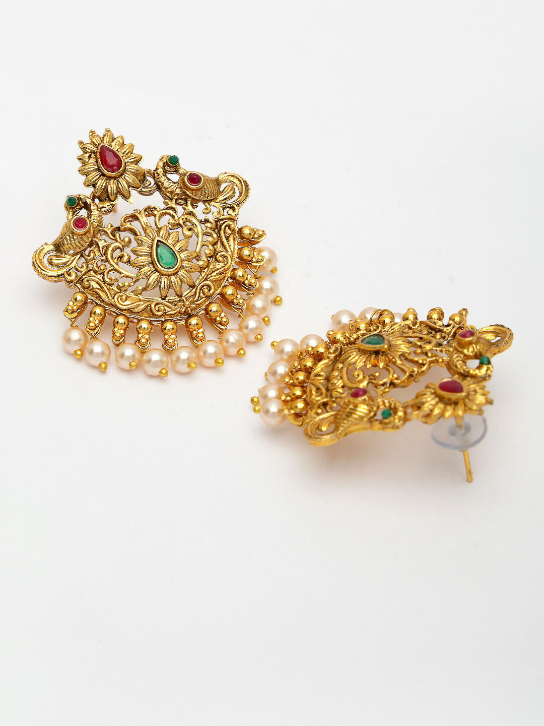 NVR Women's Set of 2 Gold-Polished Green & Pink Stone Studded Peacock Design Temple Jewellery Set