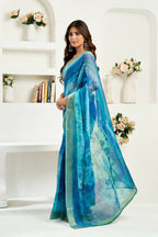Vastranavya Aqua Blue Digital Printed Linen Ready To Wear Designer Saree with Unstitched Blouse - Distacart