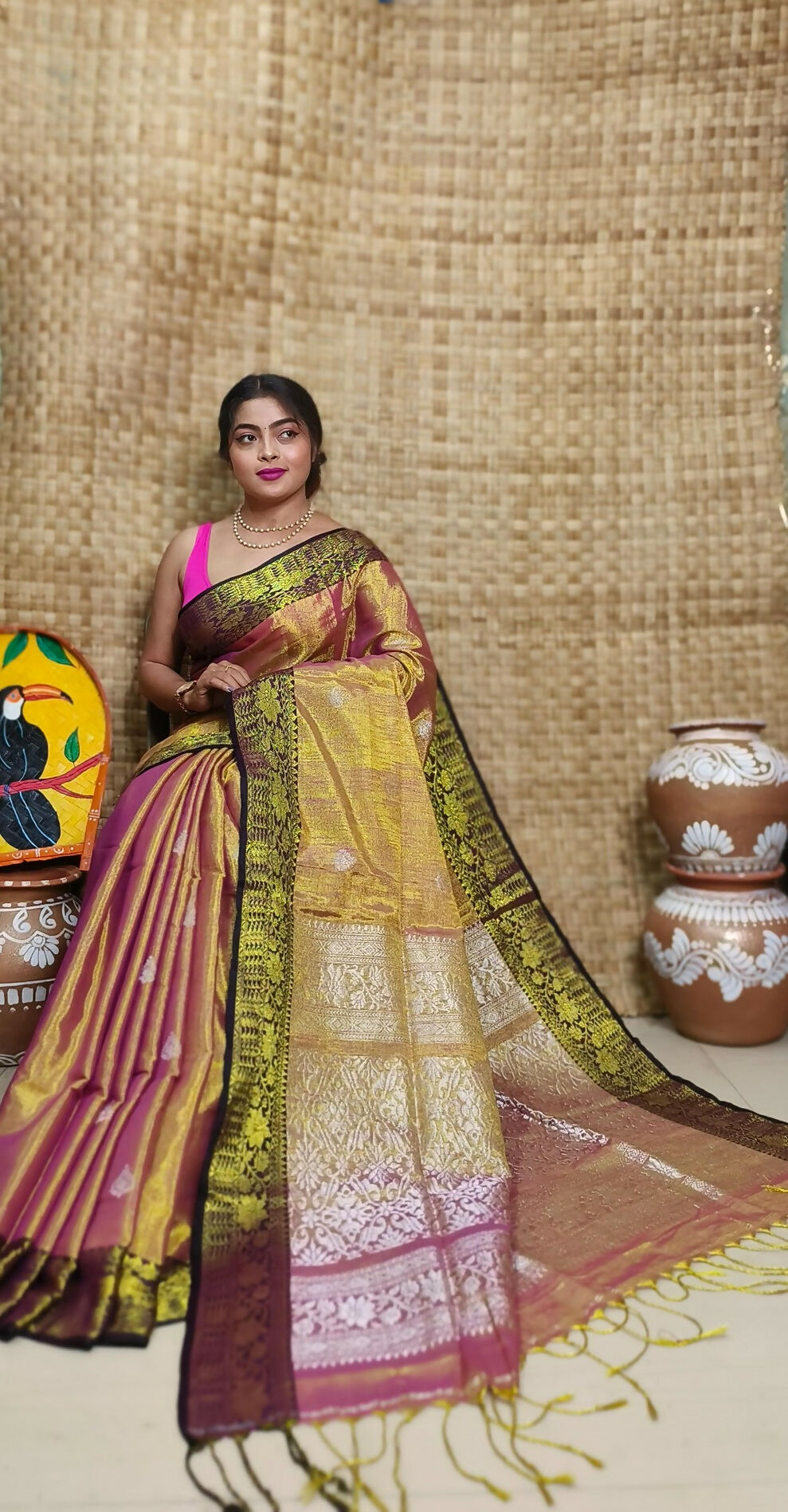 Exclusive Collection Golden Red Beautiful Tissue Benarasi Saree