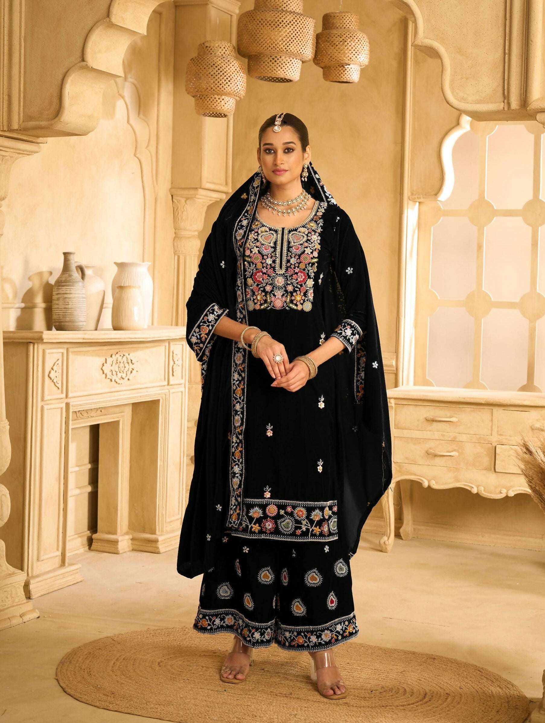 Anaita Black Embroidered Velvet Stitched Plazo Suit - Distacart