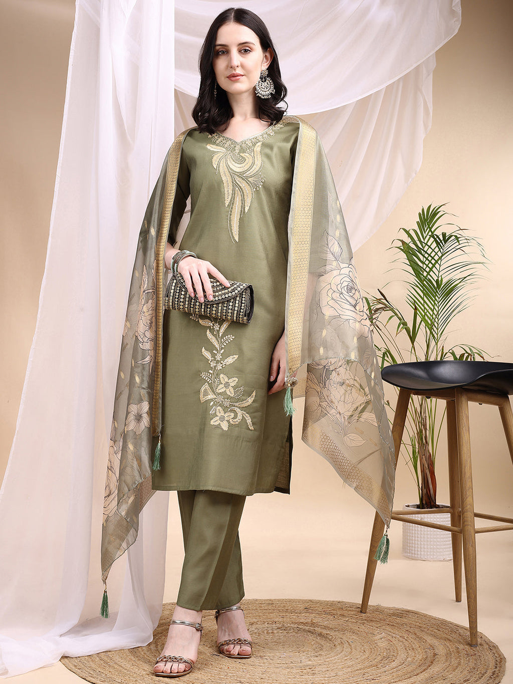 Embroidered Kurta With Pant & Printed Dupatta, Olive - Hiral Fashion - Distacart