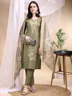 Embroidered Kurta With Pant & Printed Dupatta, Olive - Hiral Fashion - Distacart