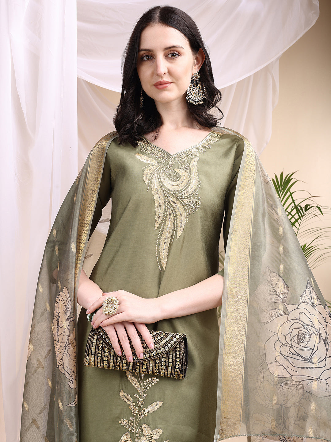 Embroidered Kurta With Pant & Printed Dupatta, Olive - Hiral Fashion - Distacart