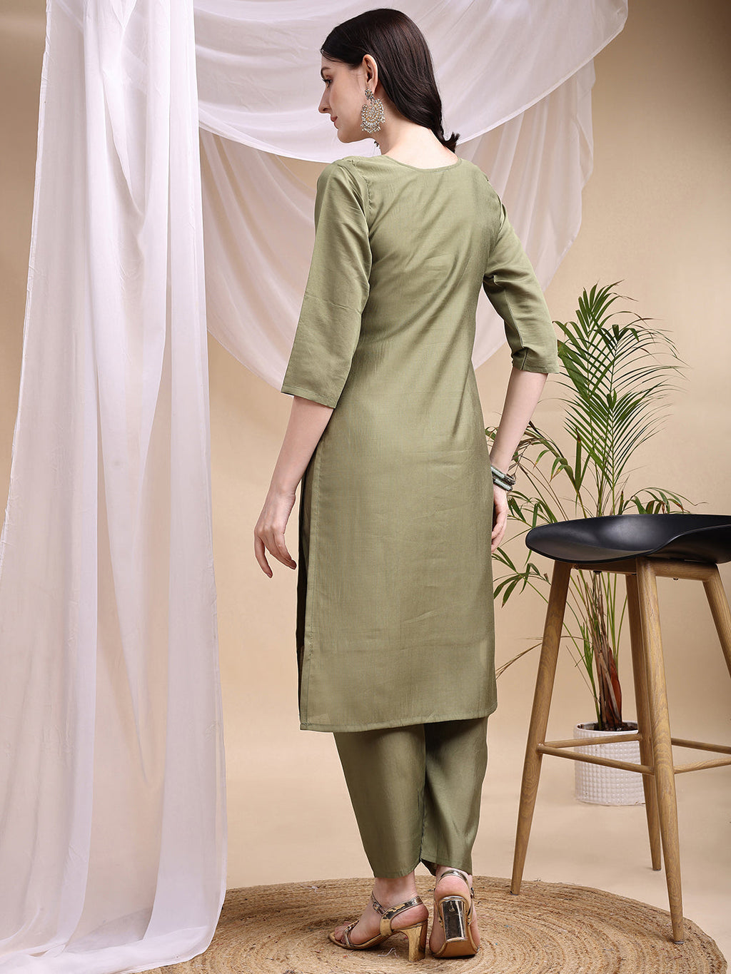 Embroidered Kurta With Pant & Printed Dupatta, Olive - Hiral Fashion - Distacart