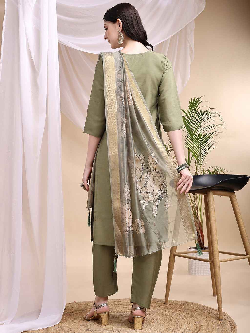 Embroidered Kurta With Pant & Printed Dupatta, Olive - Hiral Fashion - Distacart