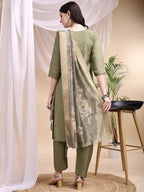 Embroidered Kurta With Pant & Printed Dupatta, Olive - Hiral Fashion - Distacart
