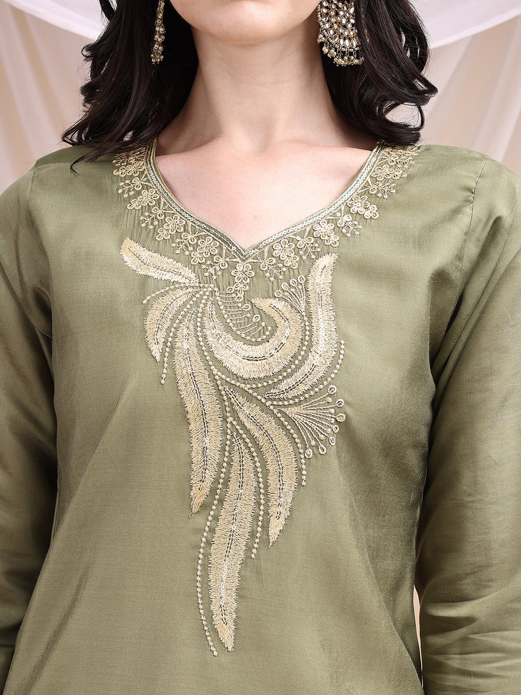 Embroidered Kurta With Pant & Printed Dupatta, Olive - Hiral Fashion - Distacart