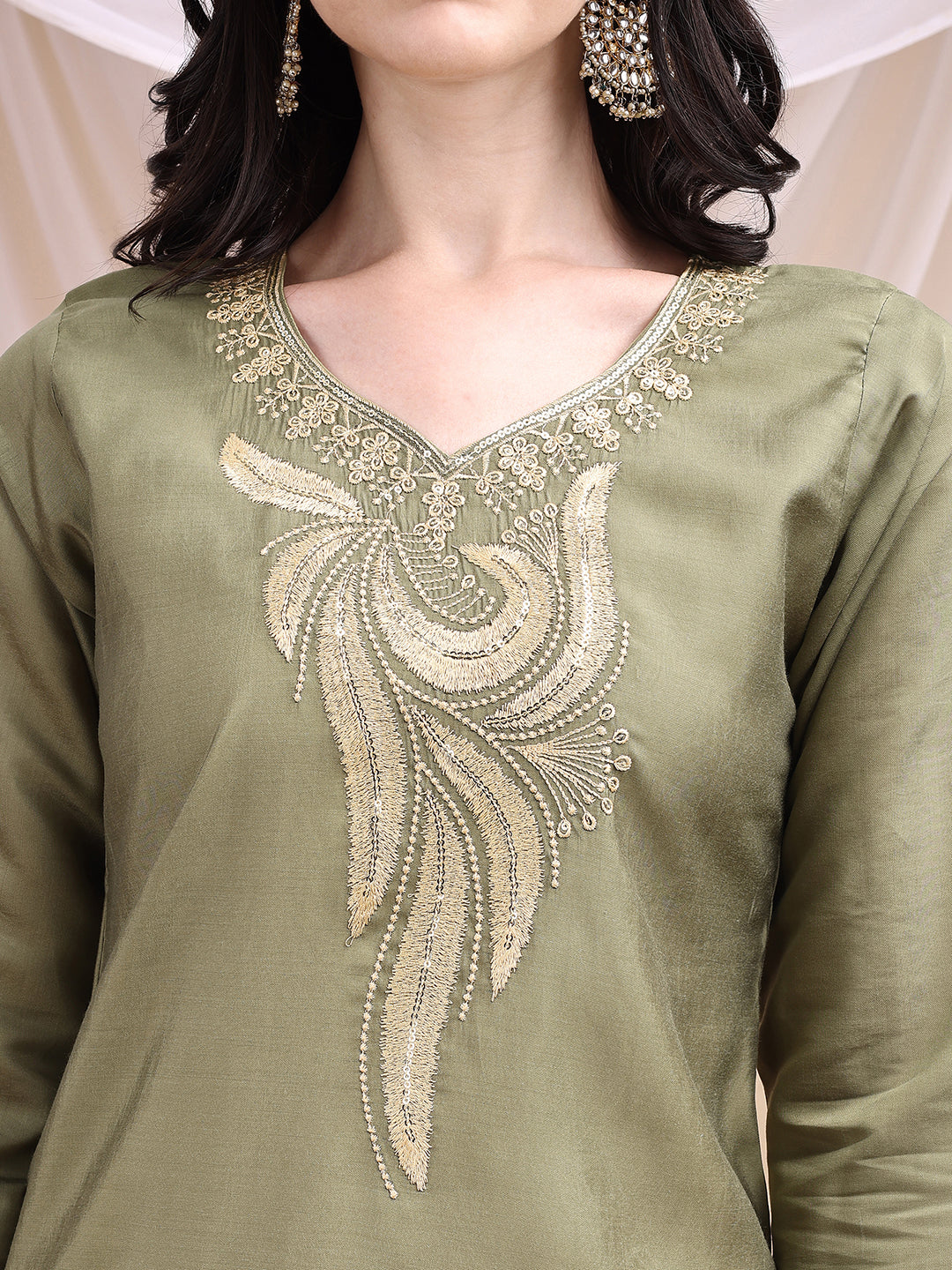 Embroidered Kurta With Pant & Printed Dupatta, Olive - Hiral Fashion - Distacart