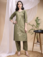 Embroidered Kurta With Pant & Printed Dupatta, Olive - Hiral Fashion - Distacart