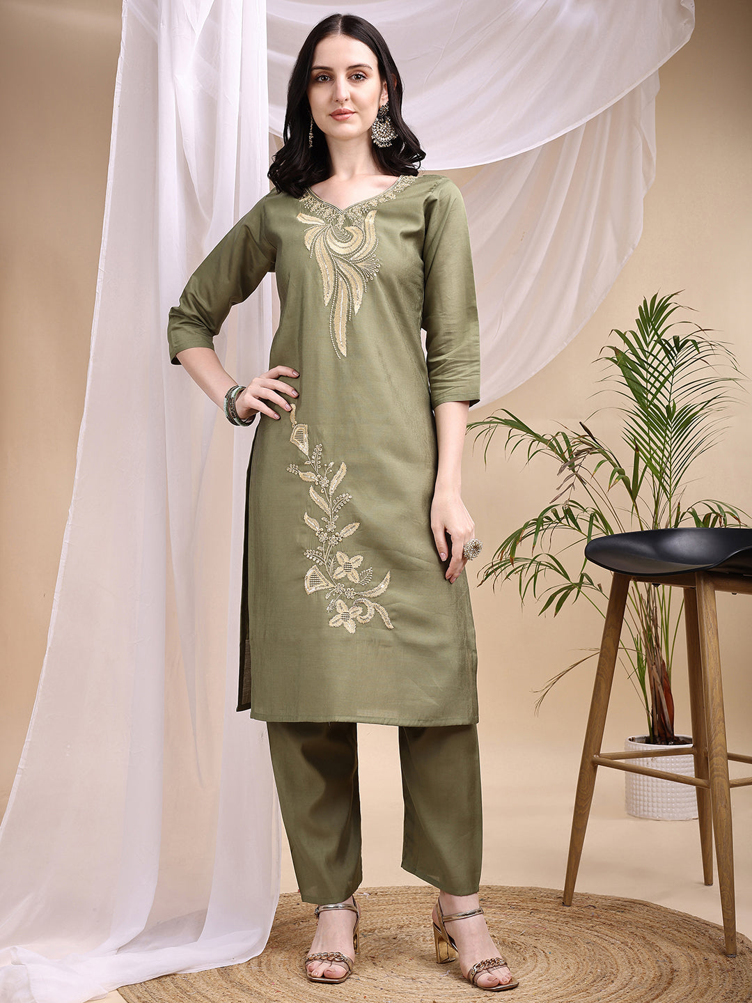 Embroidered Kurta With Pant & Printed Dupatta, Olive - Hiral Fashion - Distacart