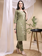 Embroidered Kurta With Pant & Printed Dupatta, Olive - Hiral Fashion - Distacart