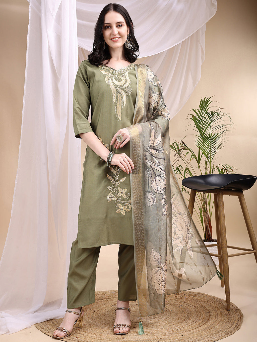 Embroidered Kurta With Pant & Printed Dupatta, Olive - Hiral Fashion - Distacart