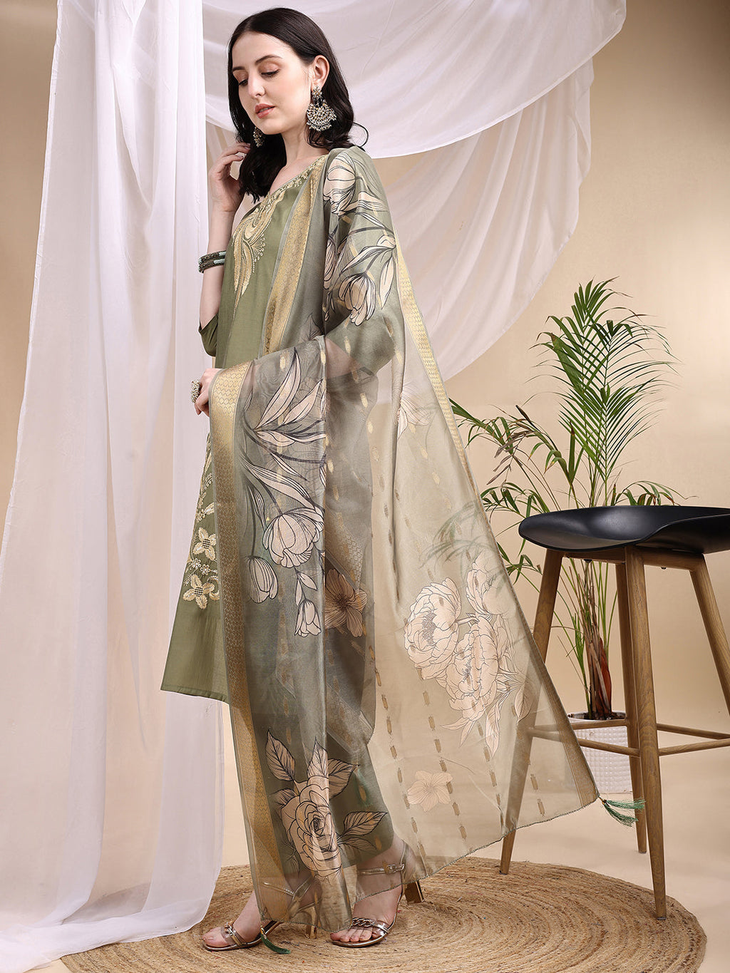 Embroidered Kurta With Pant & Printed Dupatta, Olive - Hiral Fashion - Distacart