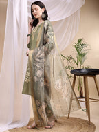 Embroidered Kurta With Pant & Printed Dupatta, Olive - Hiral Fashion - Distacart