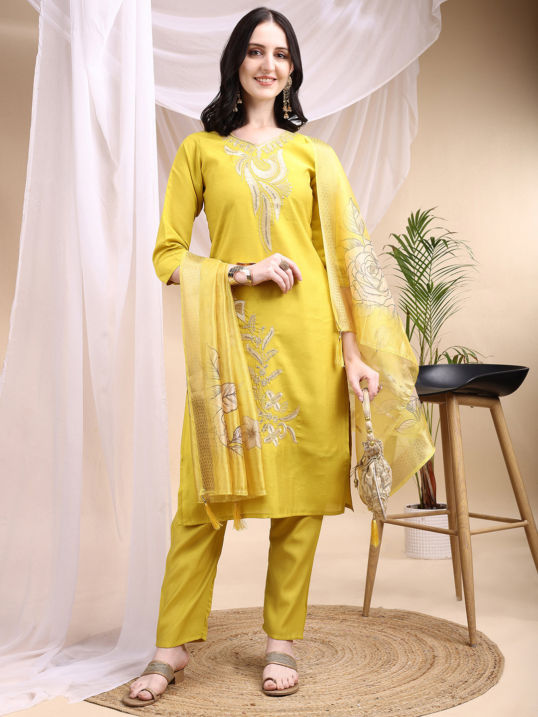 Embroidered Kurta With Pant & Printed Dupatta, Yellow - Hiral Fashion - Distacart
