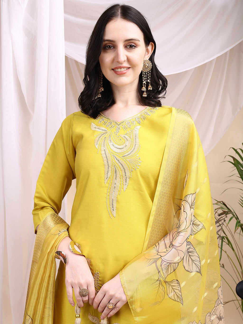 Embroidered Kurta With Pant & Printed Dupatta, Yellow - Hiral Fashion - Distacart