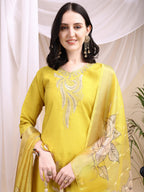 Embroidered Kurta With Pant & Printed Dupatta, Yellow - Hiral Fashion - Distacart