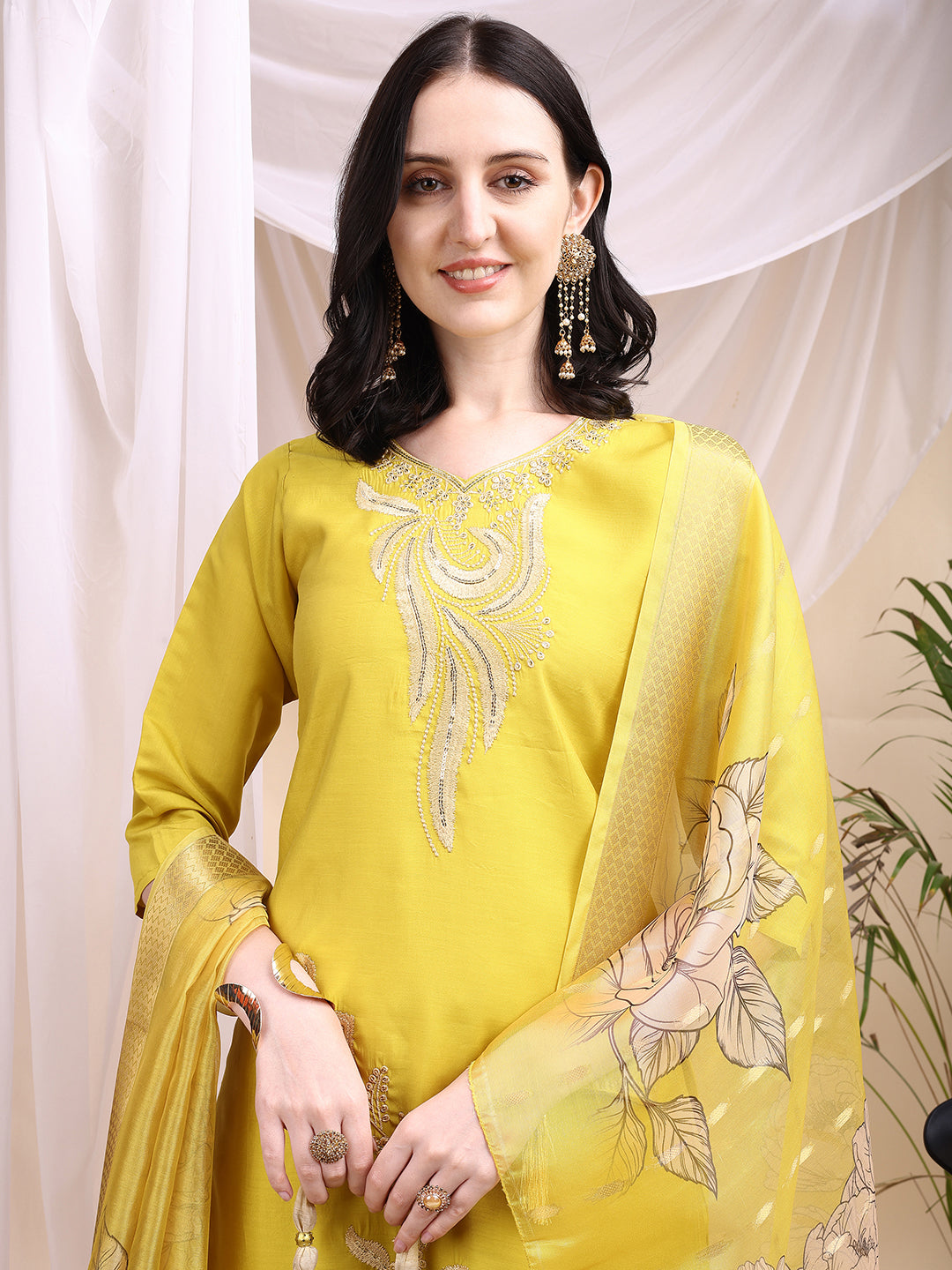 Embroidered Kurta With Pant & Printed Dupatta, Yellow - Hiral Fashion - Distacart