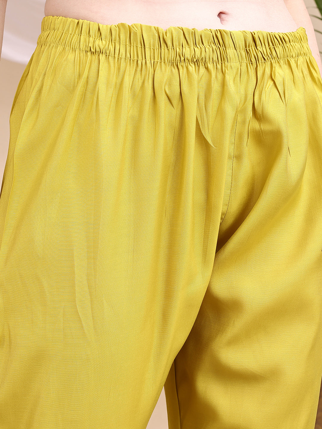 Embroidered Kurta With Pant & Printed Dupatta, Yellow - Hiral Fashion - Distacart