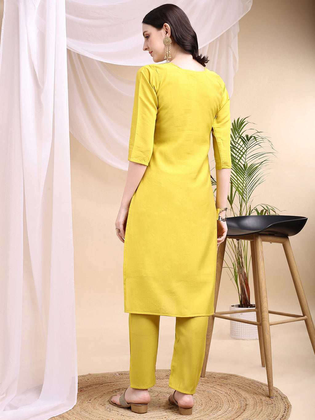 Embroidered Kurta With Pant & Printed Dupatta, Yellow - Hiral Fashion - Distacart