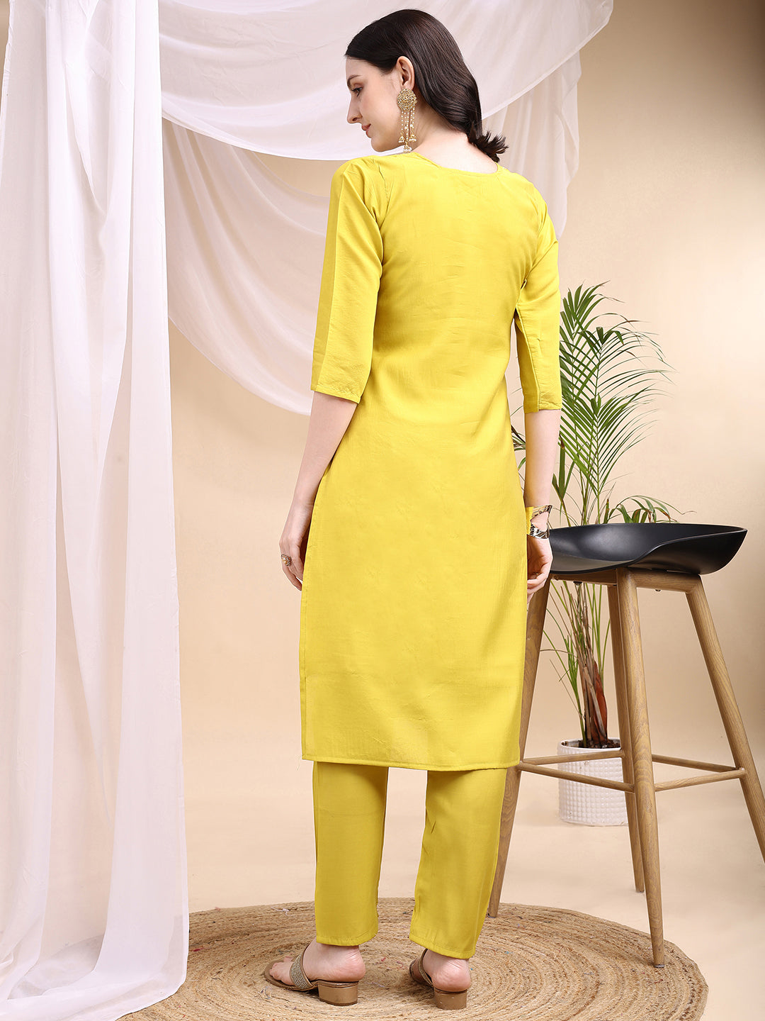 Embroidered Kurta With Pant & Printed Dupatta, Yellow - Hiral Fashion - Distacart
