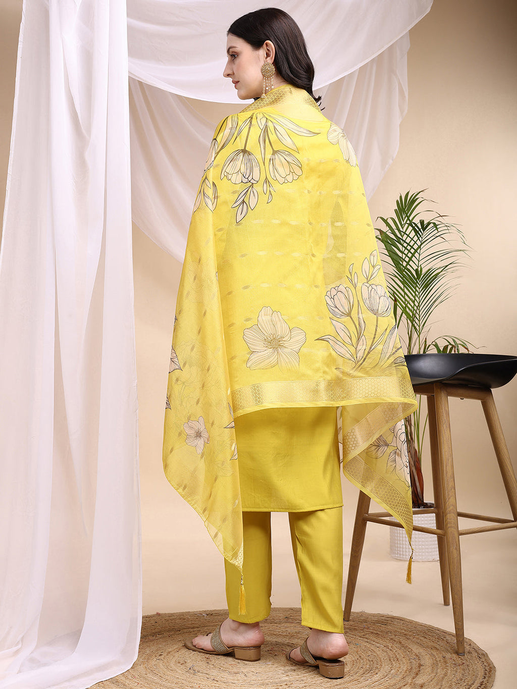 Embroidered Kurta With Pant & Printed Dupatta, Yellow - Hiral Fashion - Distacart