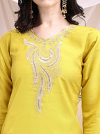 Embroidered Kurta With Pant & Printed Dupatta, Yellow - Hiral Fashion - Distacart