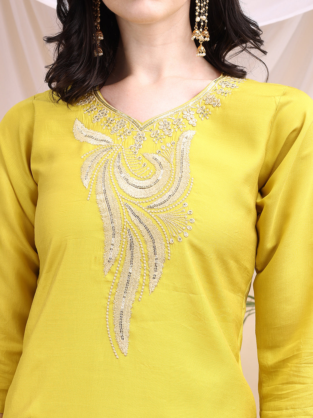 Embroidered Kurta With Pant & Printed Dupatta, Yellow - Hiral Fashion - Distacart