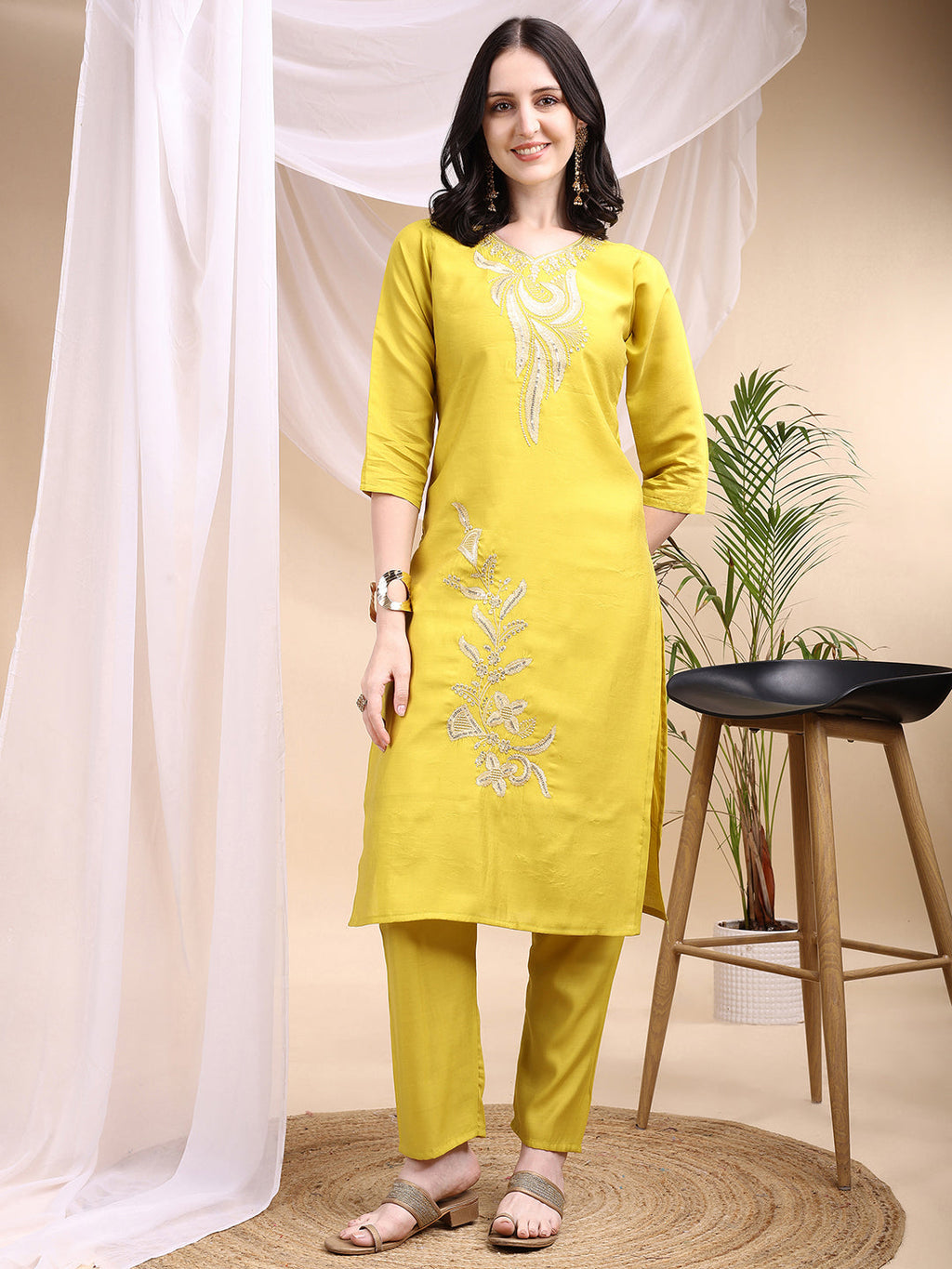 Embroidered Kurta With Pant & Printed Dupatta, Yellow - Hiral Fashion - Distacart