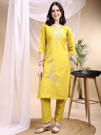 Embroidered Kurta With Pant & Printed Dupatta, Yellow - Hiral Fashion - Distacart