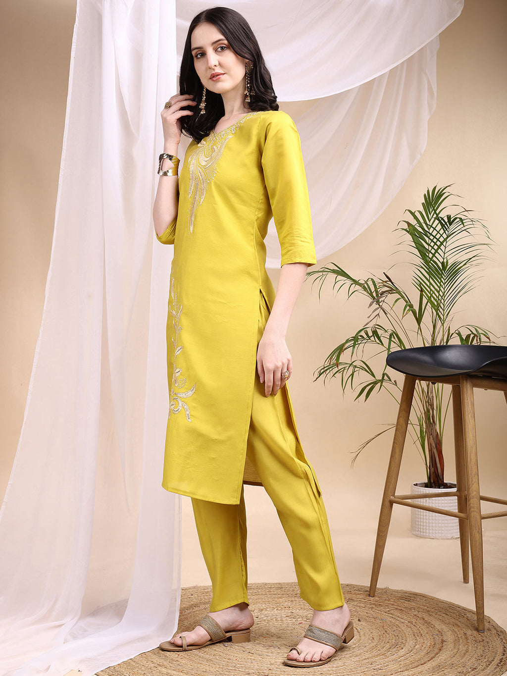 Embroidered Kurta With Pant & Printed Dupatta, Yellow - Hiral Fashion - Distacart