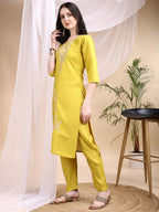 Embroidered Kurta With Pant & Printed Dupatta, Yellow - Hiral Fashion - Distacart
