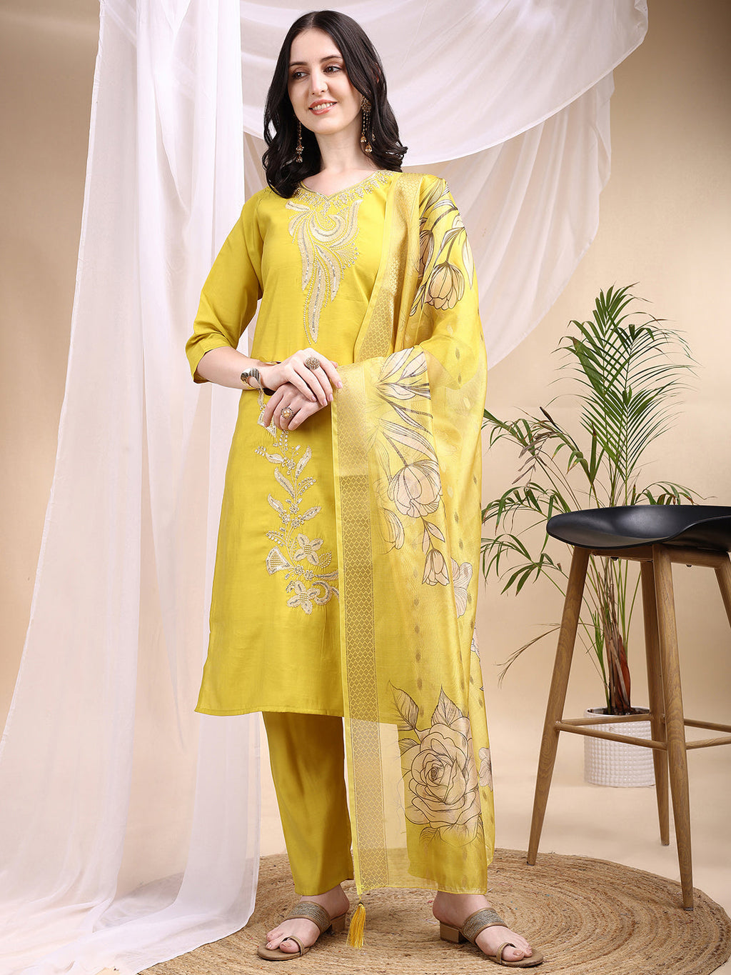 Embroidered Kurta With Pant & Printed Dupatta, Yellow - Hiral Fashion - Distacart