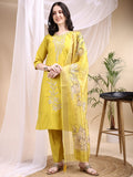 Embroidered Kurta With Pant & Printed Dupatta, Yellow - Hiral Fashion - Distacart