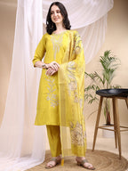 Embroidered Kurta With Pant & Printed Dupatta, Yellow - Hiral Fashion - Distacart