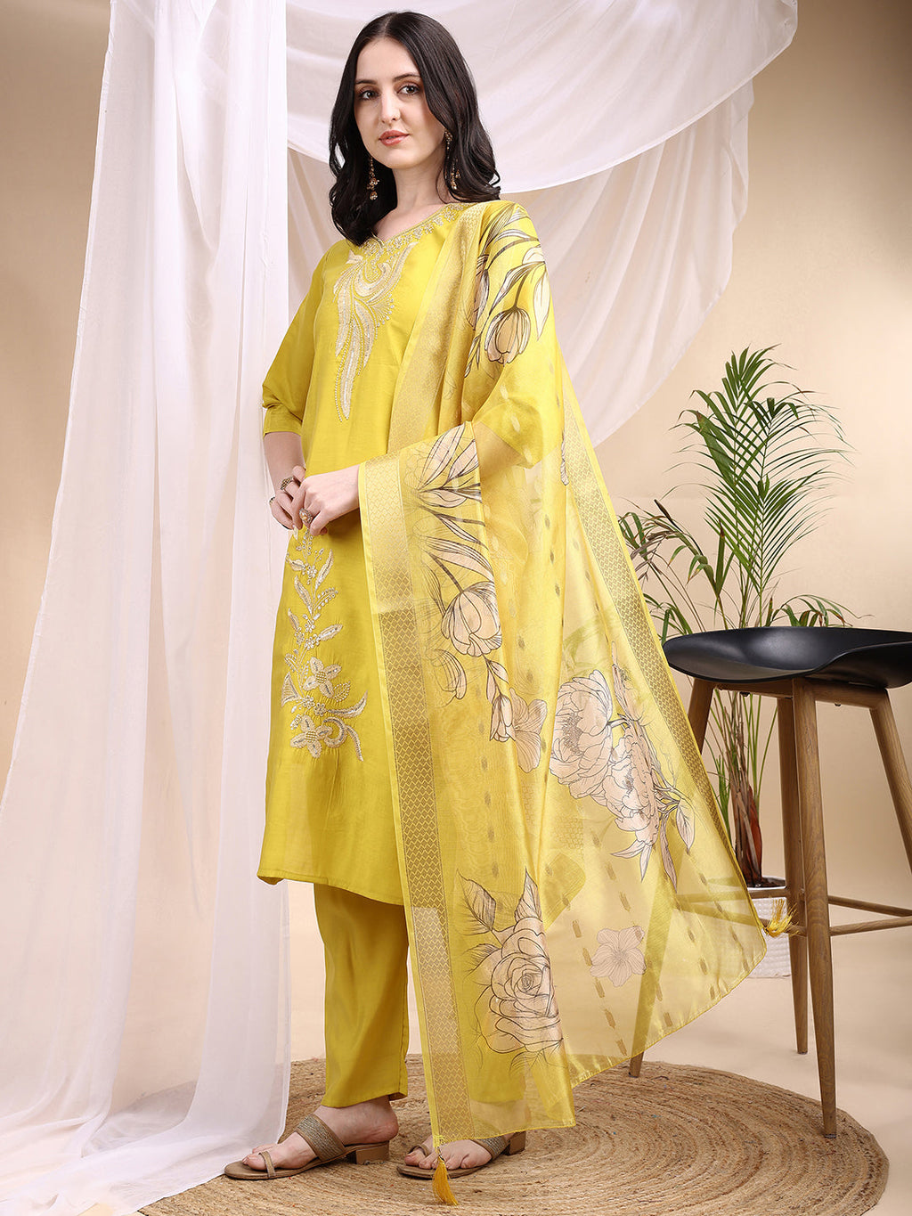 Embroidered Kurta With Pant & Printed Dupatta, Yellow - Hiral Fashion - Distacart