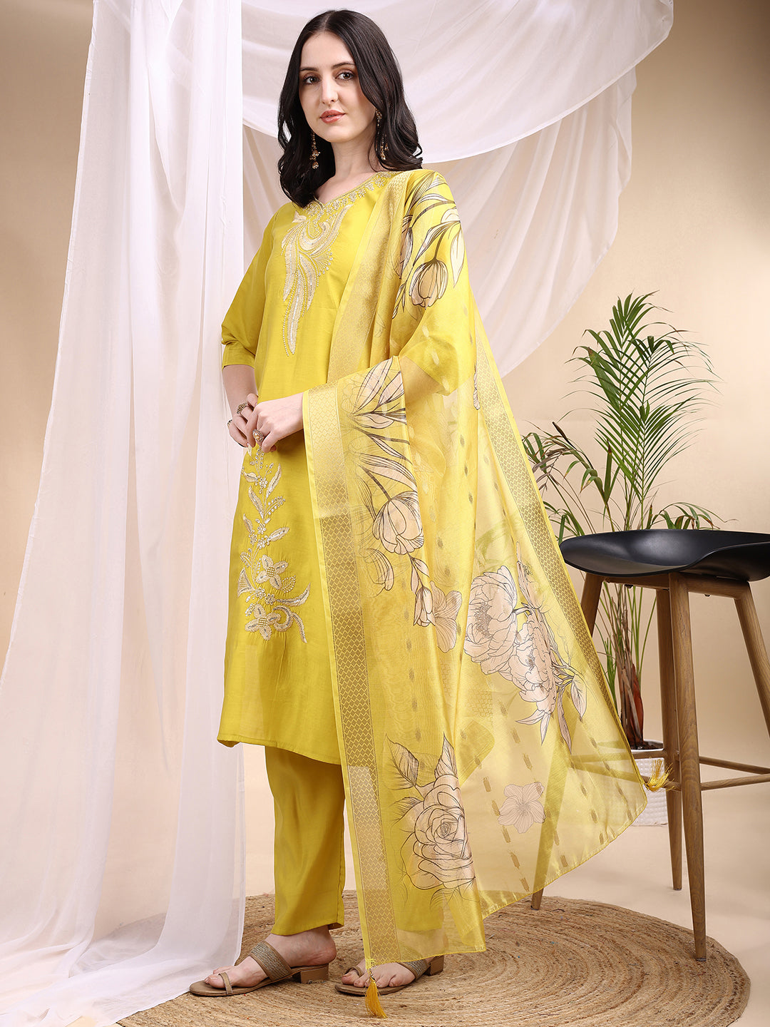 Embroidered Kurta With Pant & Printed Dupatta, Yellow - Hiral Fashion - Distacart
