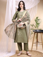 Embroidered Kurta With Pant & Printed Dupatta, Olive - Hiral Fashion - Distacart