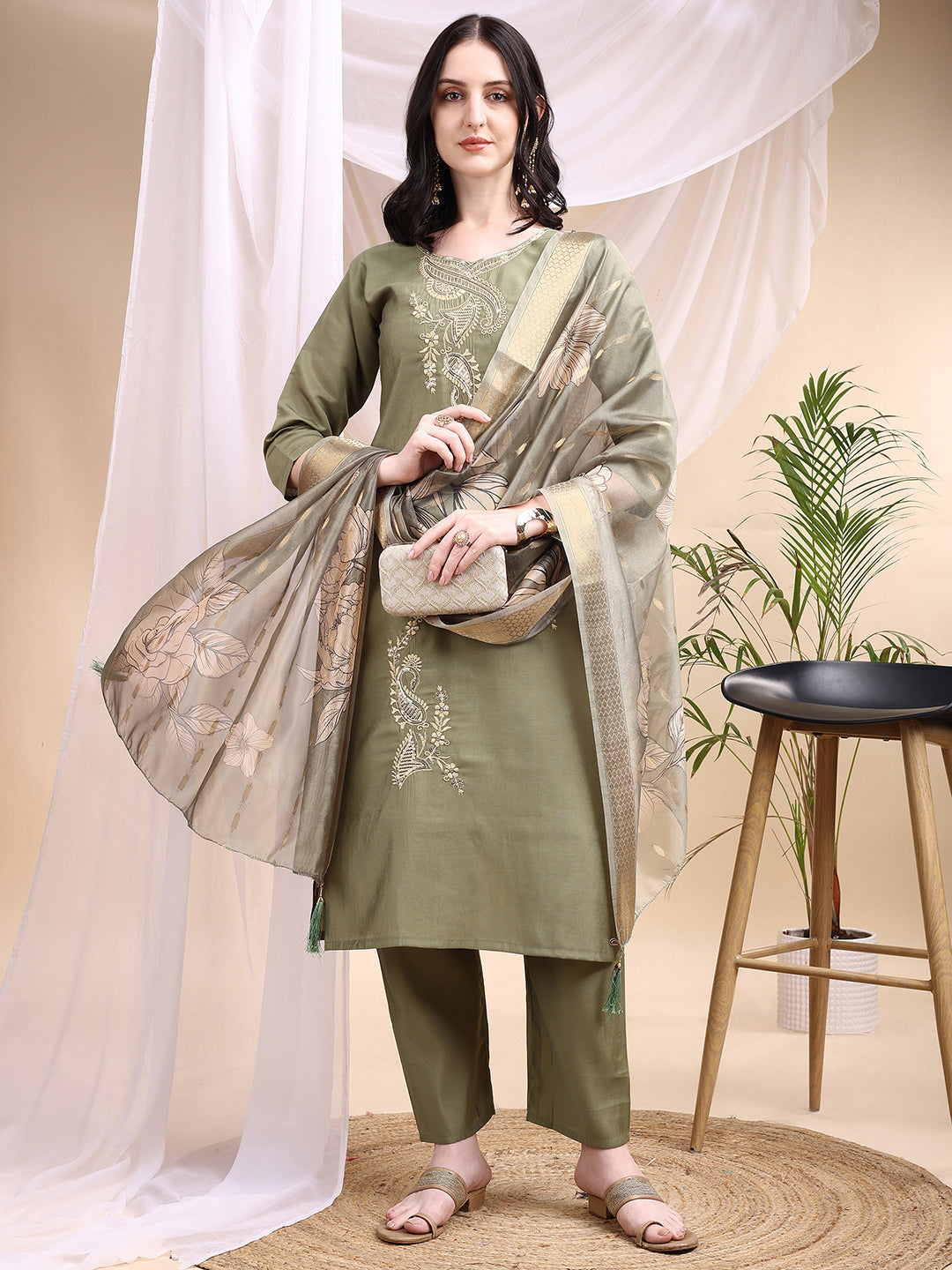 Embroidered Kurta With Pant & Printed Dupatta, Olive - Hiral Fashion - Distacart