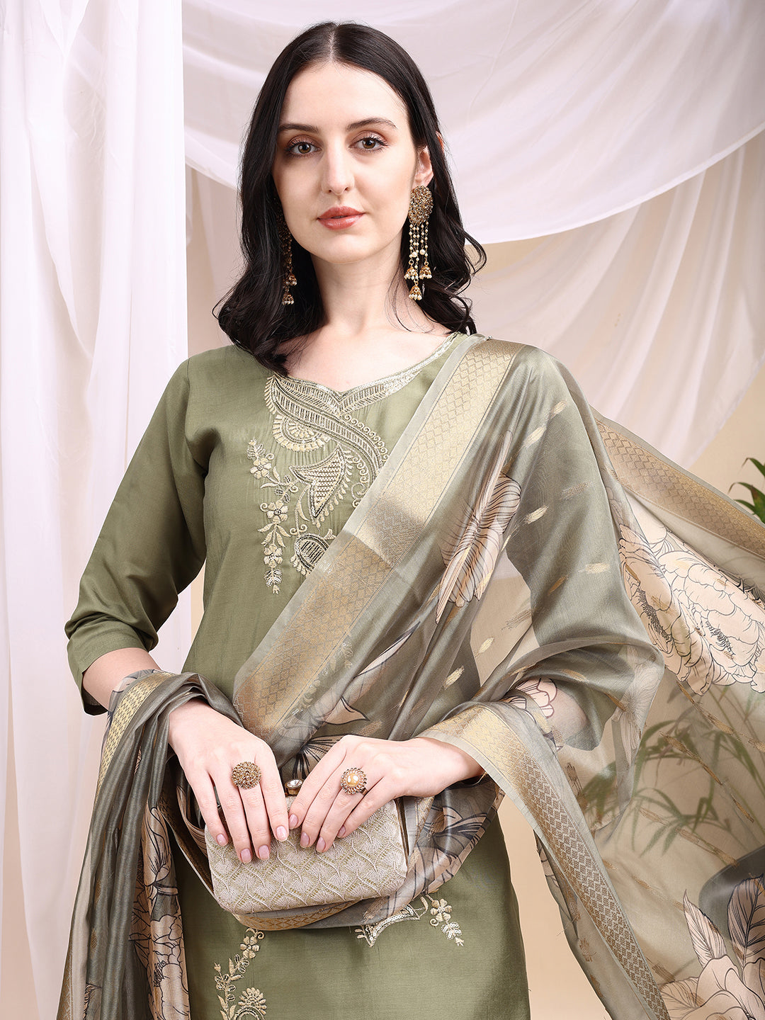 Embroidered Kurta With Pant & Printed Dupatta, Olive - Hiral Fashion - Distacart