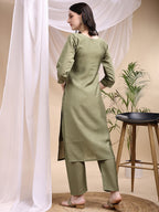 Embroidered Kurta With Pant & Printed Dupatta, Olive - Hiral Fashion - Distacart